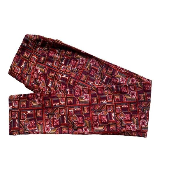 0241 LuLaRoe Size OS Leggings Red and Cranberry Boxes and Flowers Print … - Picture 1 of 4